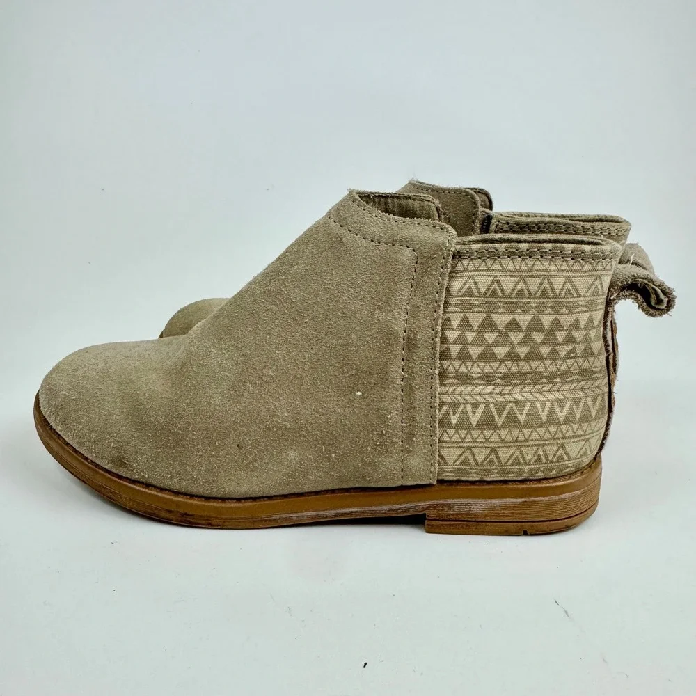 TOMS Kids Tan Suede Geometric Canvas Ankle Boots Side Zip‎ Size 1 Youth 10010722